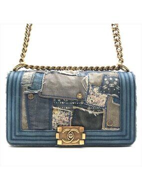 Chanel CC Logo Chain Shoulder Bag Denim Patchwork Blue